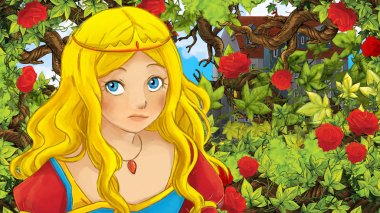 Çocuklar için Bahçe - kale içinde belgili tanımlık geçmiş - resimde güzel prenses çizgi film sahne