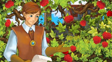 Çizgi film sahne çocuklar için Bahçe - kale içinde belgili tanımlık geçmiş - resimde güzel Prens