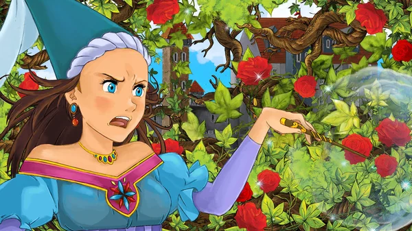 Cartoon Scène Van Mooie Prinses Tuin Kasteel Achtergrond Afbeelding Voor — Stockfoto