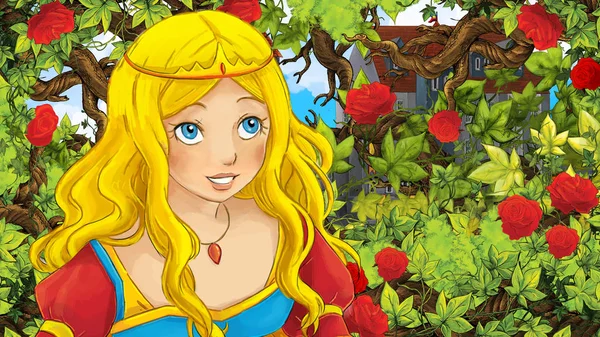 Cartoon Szene Der Schönen Prinzessin Garten Schloss Hintergrund Illustration Für — Stockfoto