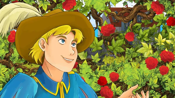 Kreskówka Scena Pięknego Księcia Ogrodzie Zamek Tle Ilustracja Dla Dzieci — Zdjęcie stockowe