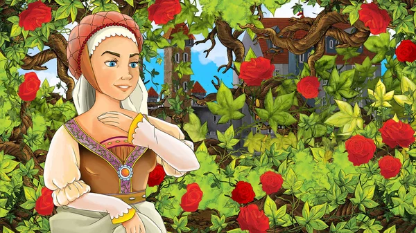 子供のための庭の遠景には城 図に美しい王女の漫画シーン — ストック写真