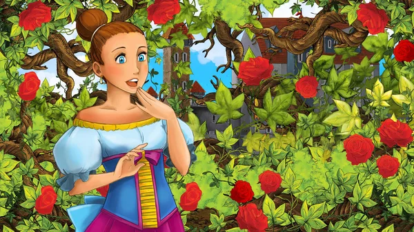 Cartoon Scène Van Mooie Prinses Tuin Kasteel Achtergrond Afbeelding Voor — Stockfoto
