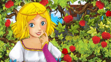 Çocuklar için Bahçe - kale içinde belgili tanımlık geçmiş - resimde güzel prenses çizgi film sahne