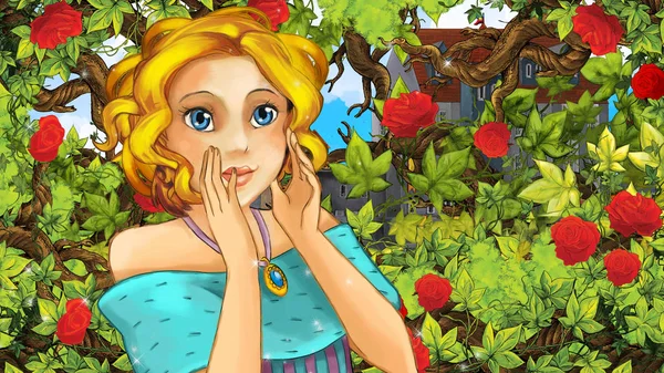 Cartoon Scen Vackra Prinsessan Trädgården Slott Bakgrunden Bild För Barn — Stockfoto