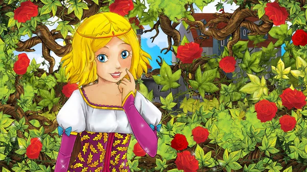美丽的公主的卡通场面在庭院里 城堡在背景 例证为孩子 — 图库照片