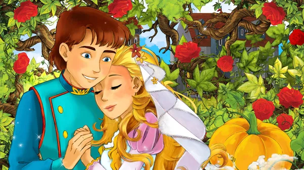 Cartoon happy couple talking in the garden full of roses - illustration for children