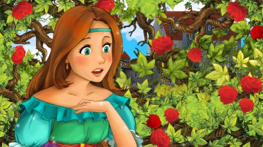 Çocuklar için Bahçe - kale içinde belgili tanımlık geçmiş - resimde güzel prenses çizgi film sahne