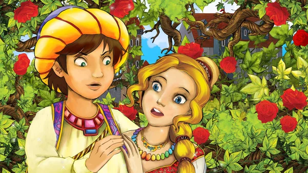Casal Feliz Dos Desenhos Animados Conversando Jardim Cheio Rosas Ilustração — Fotografia de Stock
