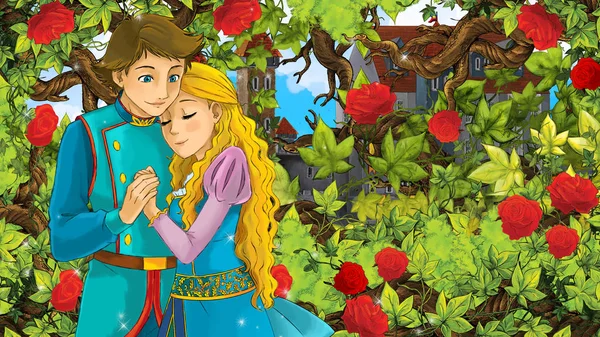 Cartoon Happy Couple Talking Garden Full Roses Illustration Children — Stock Photo, Image