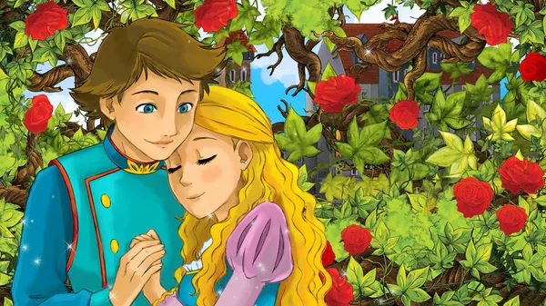 Cartoon happy couple talking in the garden full of roses - illustration for children