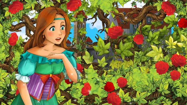 Cartoon Szene Der Schönen Prinzessin Garten Schloss Hintergrund Illustration Für — Stockfoto