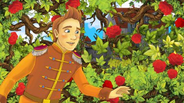 Çizgi film sahne çocuklar için Bahçe - kale içinde belgili tanımlık geçmiş - resimde güzel Prens