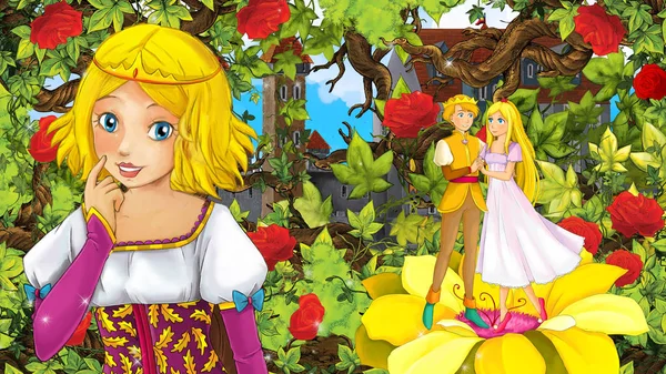 Cartoon Szczęśliwy Dziewczyna Para Rozmawia Ogrodzie Pełnym Róż Ilustracja Dla — Zdjęcie stockowe