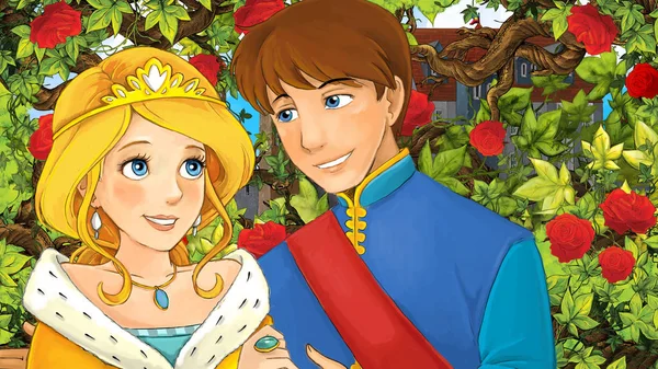 Cartoon Lyckliga Paret Talar Trädgård Full Rosor Illustration För Barn — Stockfoto