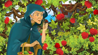 Yaşlı kadın ya da çocuklar için Bahçe - kale içinde belgili tanımlık geçmiş - çizimde cadı çizgi film sahne