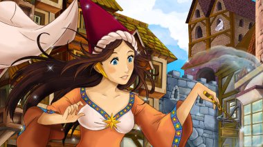 Güzel prenses veya büyücü Bahçe - kale içinde belgili tanımlık geçmiş - çizimde çocuklar için çizgi film sahne