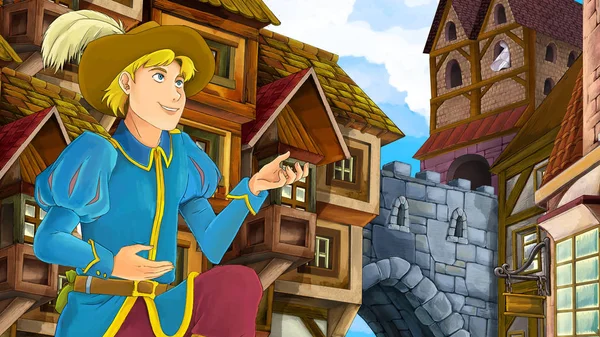Kreslený Scény Krásného Prince Staré Město Hrad Pozadí Ilustrace Pro — Stock fotografie