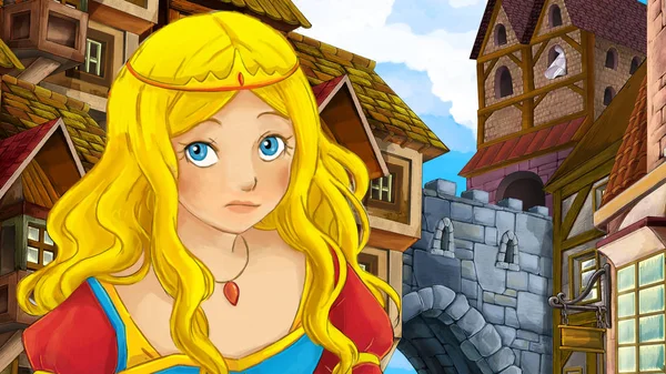 Cartoon Scene Beautiful Princess Sorceress Garden Castle Background Illustration Children — Stock Photo, Image