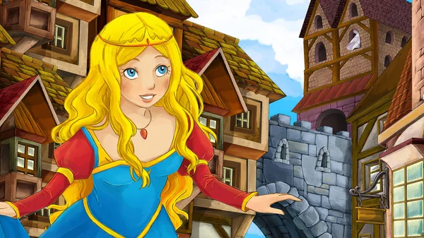 Cartoon Scene Beautiful Princess Sorceress Garden Castle Background Illustration Children — Stock Photo, Image
