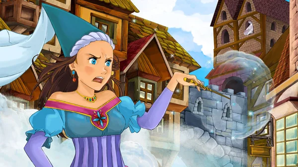 Cartoon scene of beautiful princess or sorceress in the garden - castle in the background - illustration for children