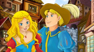 Çocuklar için eski şehir - kale içinde belgili tanımlık geçmiş - resimde güzel çift çizgi film sahne