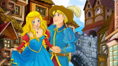 Çocuklar için eski şehir - kale içinde belgili tanımlık geçmiş - resimde güzel çift çizgi film sahne