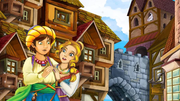 Cartoon Scene Beautiful Couple Old City Castle Background Illustration Children — Stock Photo, Image