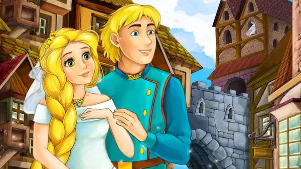 Zeichentrickszene Eines Schönen Paares Der Altstadt Burg Hintergrund Illustration Für — Stockfoto
