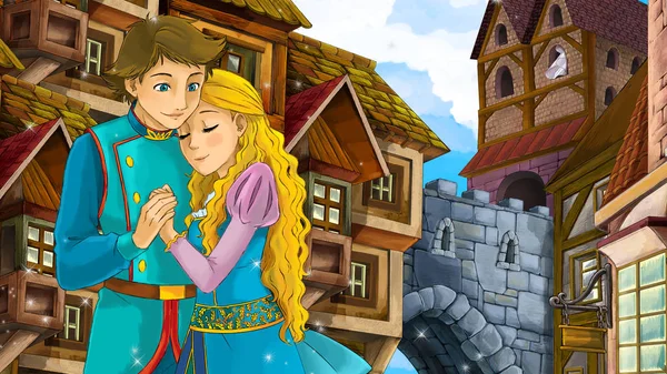 Cartoon scene of beautiful couple in the old city - castle in the background - illustration for children