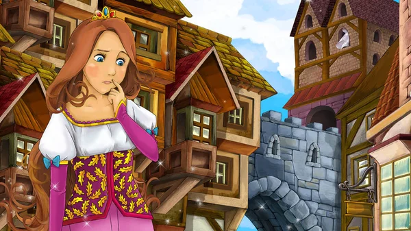Cartoon scene of beautiful princess or sorceress in the garden - castle in the background - illustration for children