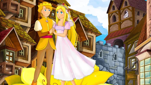 Çocuklar için eski şehir - kale içinde belgili tanımlık geçmiş - resimde güzel çift çizgi film sahne 