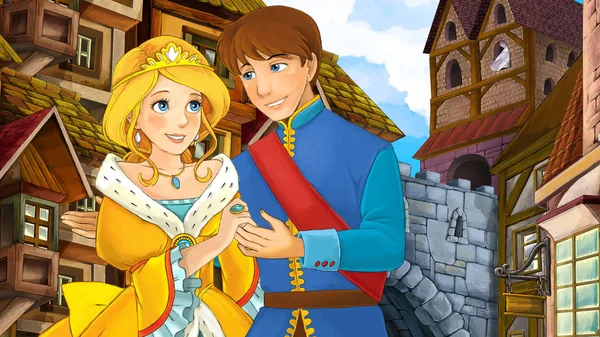 Cartoon scene of beautiful couple in the old city - castle in the background - illustration for children