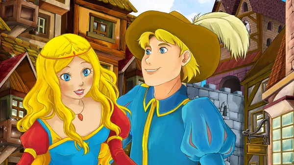 Çocuklar için eski şehir - kale içinde belgili tanımlık geçmiş - resimde güzel çift çizgi film sahne