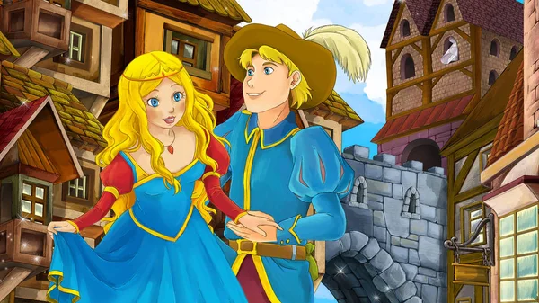 Çocuklar için eski şehir - kale içinde belgili tanımlık geçmiş - resimde güzel çift çizgi film sahne