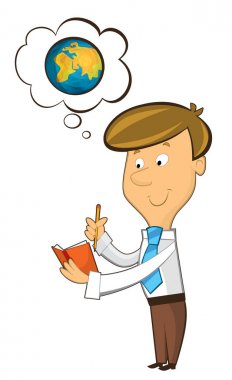 Office karikatür katip ayakta düşünme sahip fikir ve - metin - izole için boş bulut