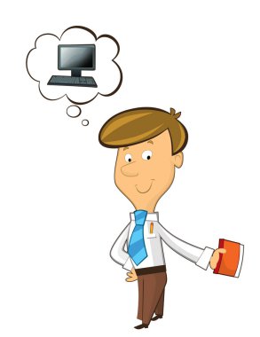 office karikatür katip ayakta düşünme izole bilgisayarda - çalışma hakkında