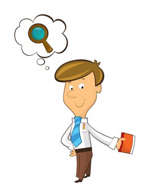 Office karikatür katip ayakta düşünme sahip fikir ve - metin - izole için boş bulut