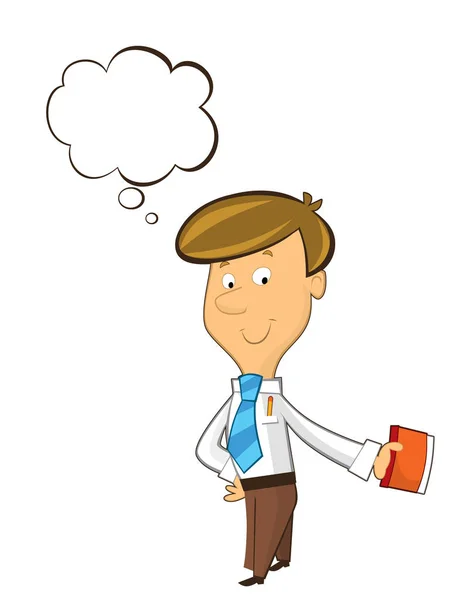 office cartoon clerk standing thinking and having idea - with empty cloud for text - isolated