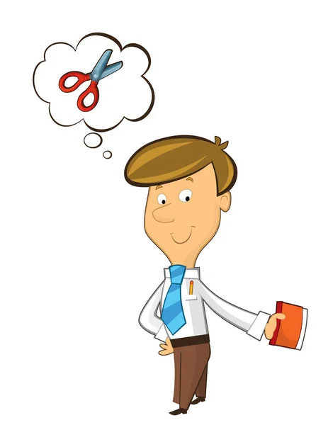 office cartoon clerk standing thinking about cutting something - isolated illustration