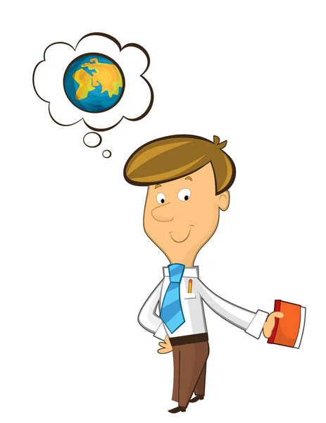 Office Cartoon Clerk Standing Thinking Earth Global Business Isolated — Stock Photo, Image