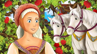 Güzel prenses bahçesinde bulunan beyaz at - kale içinde belgili tanımlık geçmiş - illüstrasyon çocuklar için çizgi film sahne