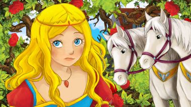 Güzel prenses bahçesinde bulunan beyaz at - kale içinde belgili tanımlık geçmiş - illüstrasyon çocuklar için çizgi film sahne