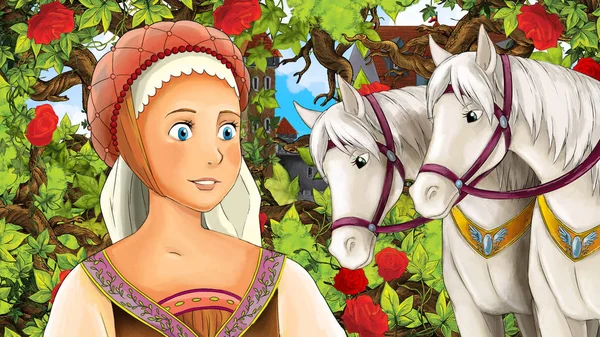 Cartoon Scene Beautiful Princess Garden White Horses Castle Background Illustration — Stockfoto