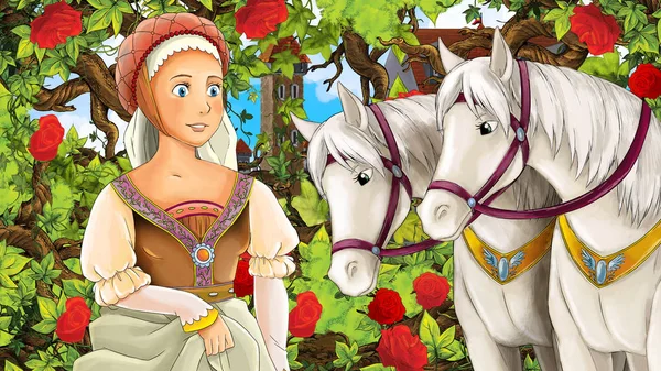 Güzel prenses bahçesinde bulunan beyaz at - kale içinde belgili tanımlık geçmiş - illüstrasyon çocuklar için çizgi film sahne