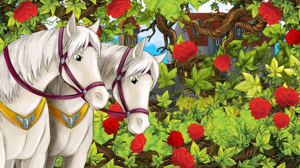 Cartoon Scène Van Prachtige Tuin Met Witte Paarden Kasteel Achtergrond — Stockfoto