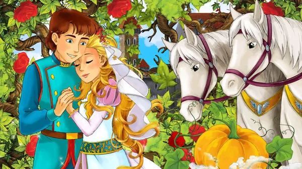 Dibujos Animados Feliz Pareja Hablando Jardín Lleno Rosas Ilustración Para — Foto de Stock