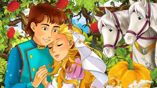 Dibujos Animados Feliz Pareja Hablando Jardín Lleno Rosas Ilustración Para — Foto de Stock