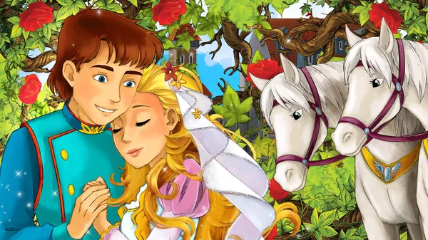 Dibujos Animados Feliz Pareja Hablando Jardín Lleno Rosas Ilustración Para — Foto de Stock