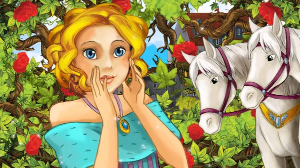 Güzel prenses bahçesinde bulunan beyaz at - kale içinde belgili tanımlık geçmiş - illüstrasyon çocuklar için çizgi film sahne